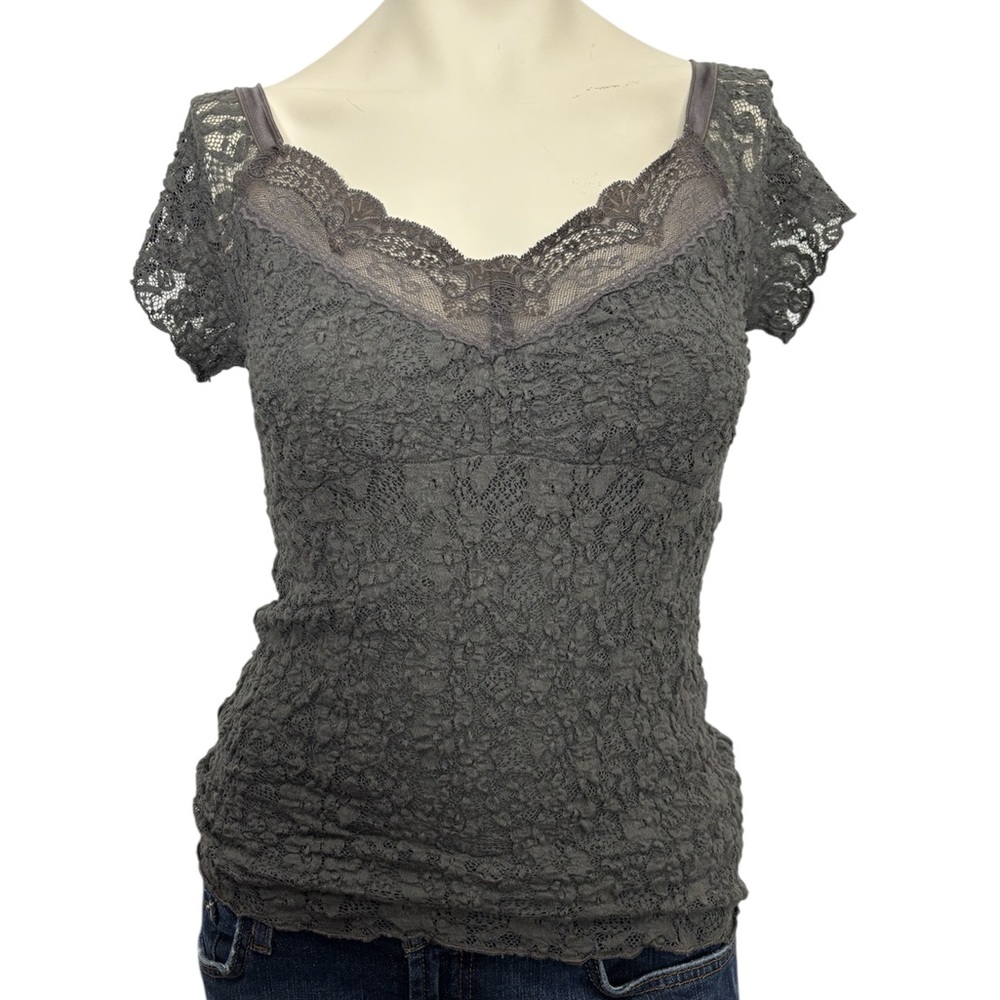 CAbi Lace Overlay Gray short sleeve top